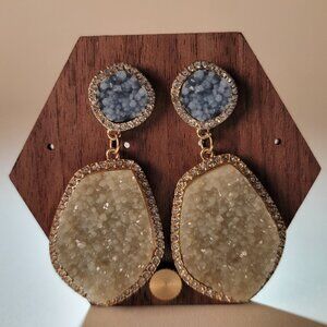 Faux Druzy Teardrop Dangle Earrings Green Gold-tone Rhinestones
